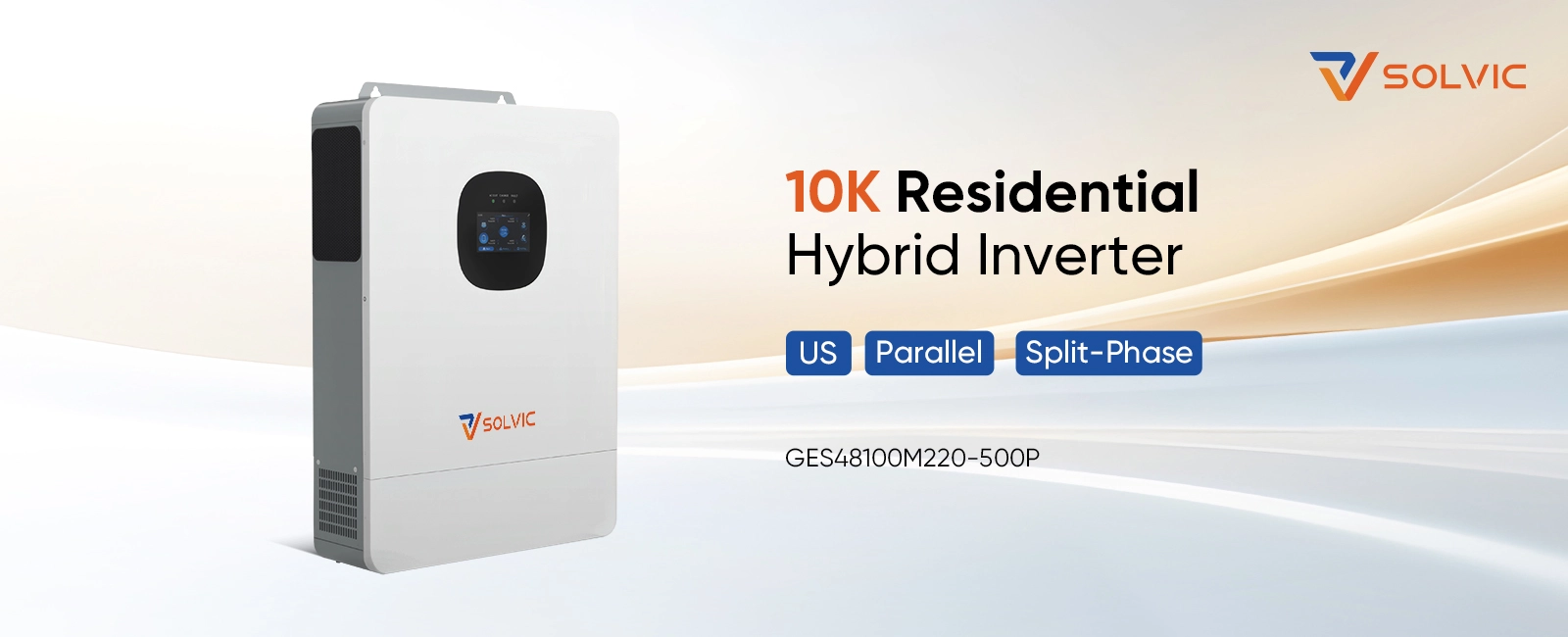 Solvic GES 10kW 120/240V split phase hybrid inverter poster – 10000W output for US residential and light commercial solar storage, dual MPPT, 200A battery charging, and split-phase design for whole-home backup